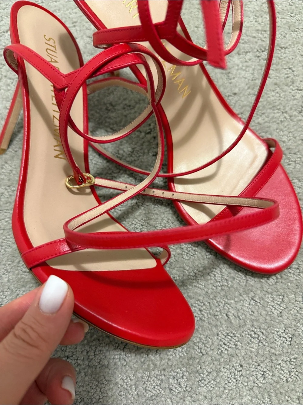 Stuart Weitzman RED leather Ankle-Strap Stiletto Sandals Barelynude 100 wrap 10🔥